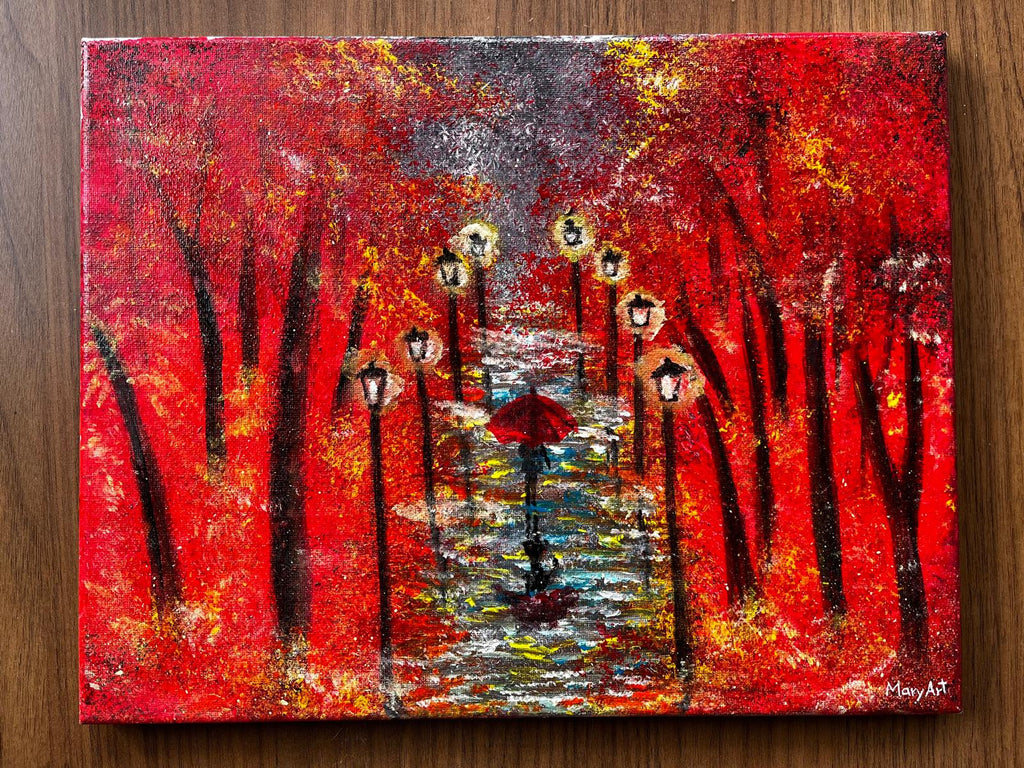 Autumn Rain Walk – Original 11×14 Canvas